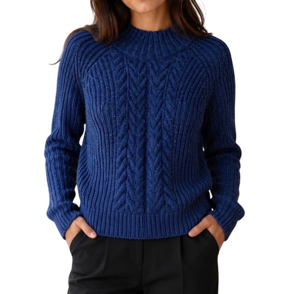Women's Cable Knit Warm Mock Neck Sweater Blue Size L 12-14 Shimmer Knit - Picture 1 of 8